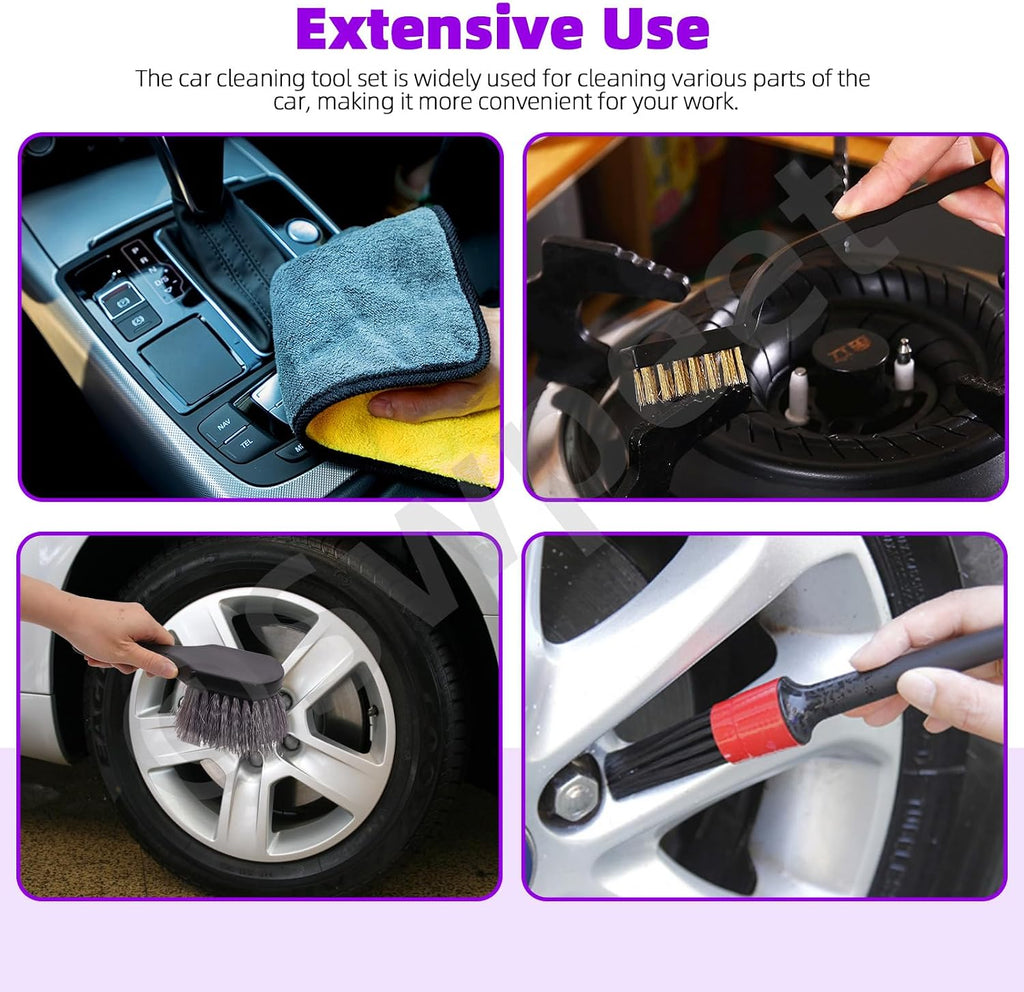 16Pcs Auto Car Detailing Brush Set, 5 Size Boar Hair Detail Brush, 3 Wire Brush, 2 Air Vent Brush, with Chenille Glove, Clean Sponge and Car Wash Towel, Car Wash Kit for Interior and Exterior