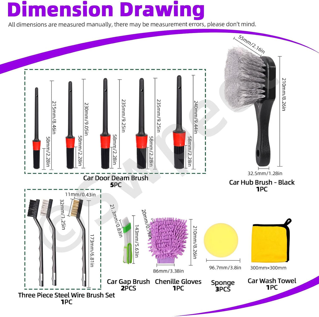16Pcs Auto Car Detailing Brush Set, 5 Size Boar Hair Detail Brush, 3 Wire Brush, 2 Air Vent Brush, with Chenille Glove, Clean Sponge and Car Wash Towel, Car Wash Kit for Interior and Exterior