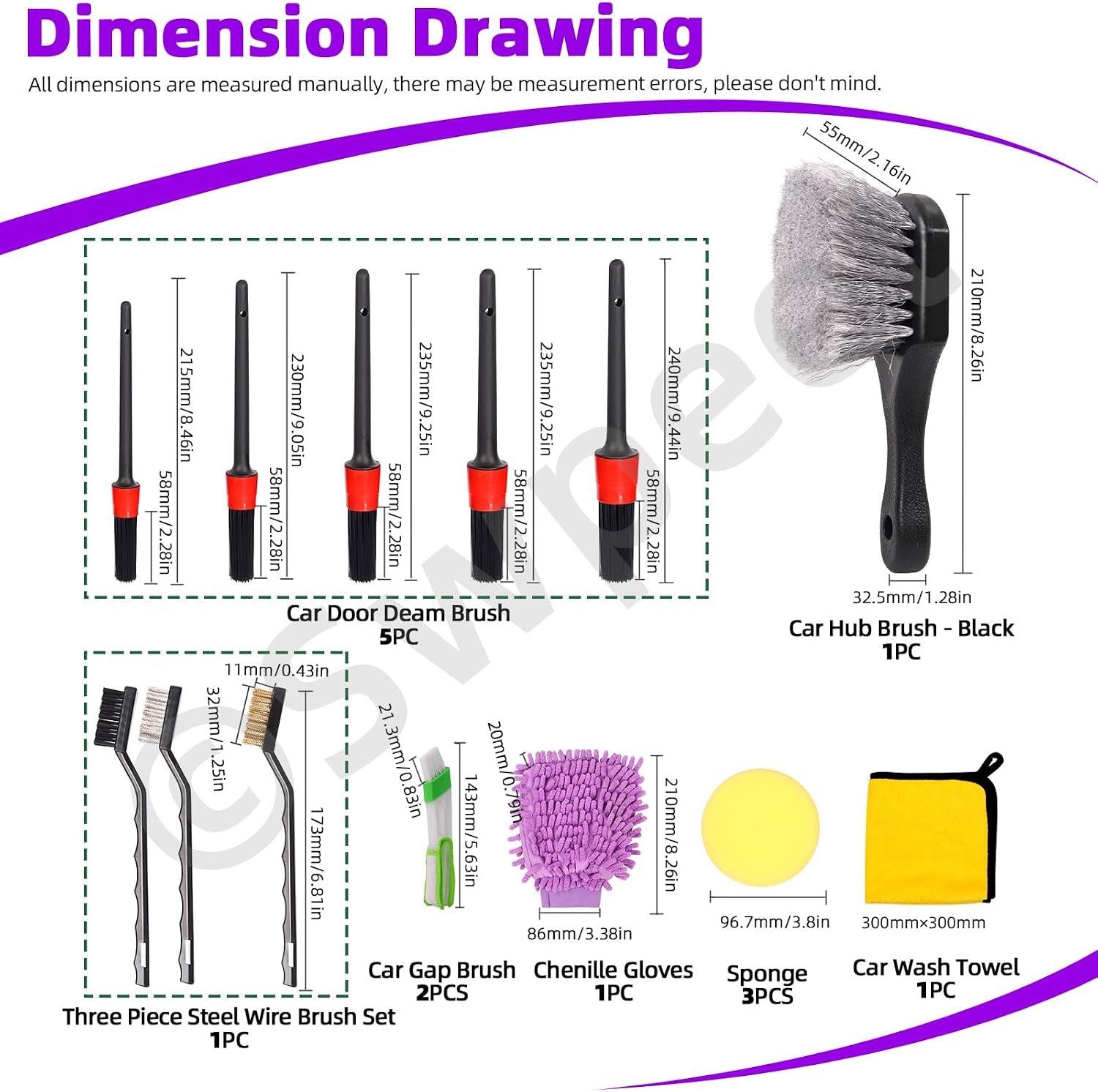 16Pcs Auto Car Detailing Brush Set, 5 Size Boar Hair Detail Brush, 3 Wire Brush, 2 Air Vent Brush, with Chenille Glove, Clean Sponge and Car Wash Towel, Car Wash Kit for Interior and Exterior