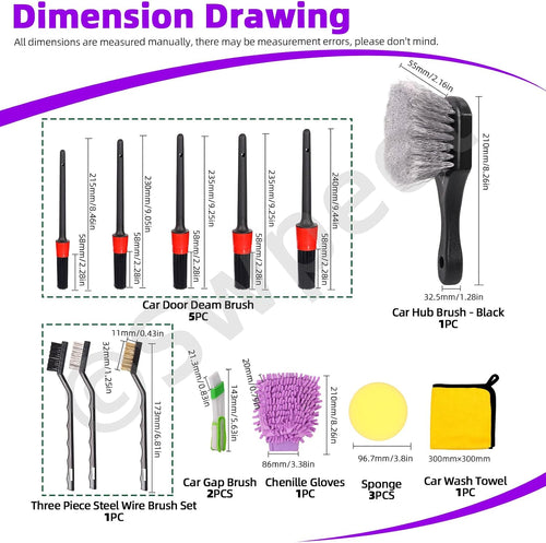 16Pcs Auto Car Detailing Brush Set, 5 Size Boar Hair Detail Brush, 3 Wire Brush, 2 Air Vent Brush, with Chenille Glove, Clean Sponge and Car Wash Towel, Car Wash Kit for Interior and Exterior