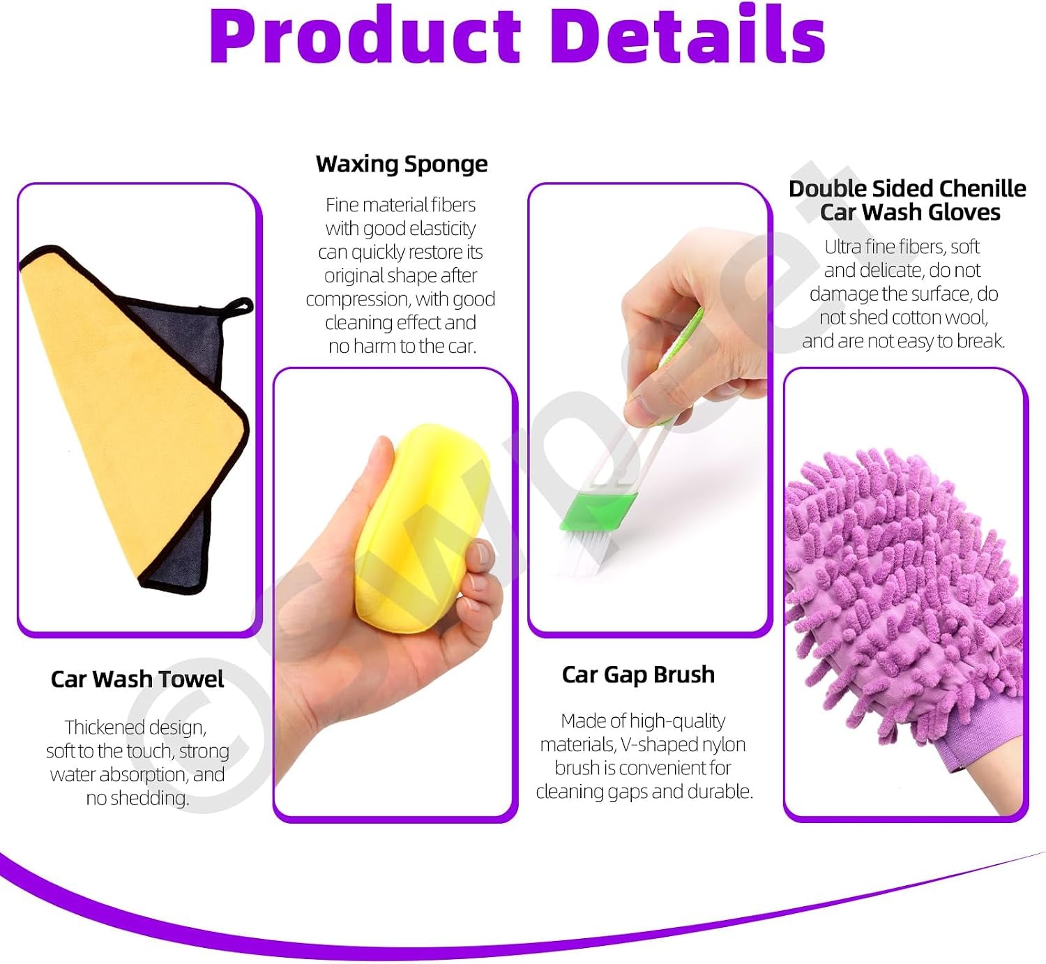 16Pcs Auto Car Detailing Brush Set, 5 Size Boar Hair Detail Brush, 3 Wire Brush, 2 Air Vent Brush, with Chenille Glove, Clean Sponge and Car Wash Towel, Car Wash Kit for Interior and Exterior