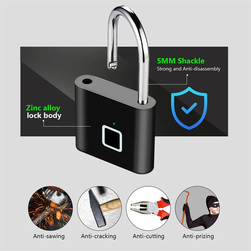 Fingerprint Lock Keyless USB Charging Smart Padlock Waterproof Door Lock 0.2Sec Unlock Portable Anti-Theft Padlock Zinc