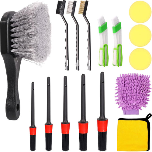 16Pcs Auto Car Detailing Brush Set, 5 Size Boar Hair Detail Brush, 3 Wire Brush, 2 Air Vent Brush, with Chenille Glove, Clean Sponge and Car Wash Towel, Car Wash Kit for Interior and Exterior